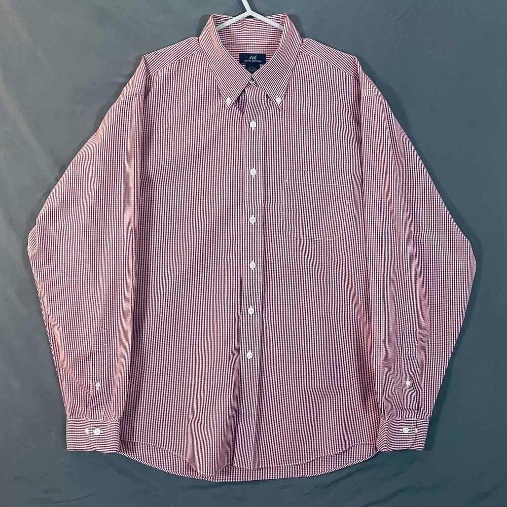 Brooks Brothers 346 Mens Red White Micro Check Non-Iron Cotton Shirt Large